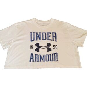 Under Armour Women's XL Loose Fit White Boxy Graphic‎ Logo Crop Top Gym Workout